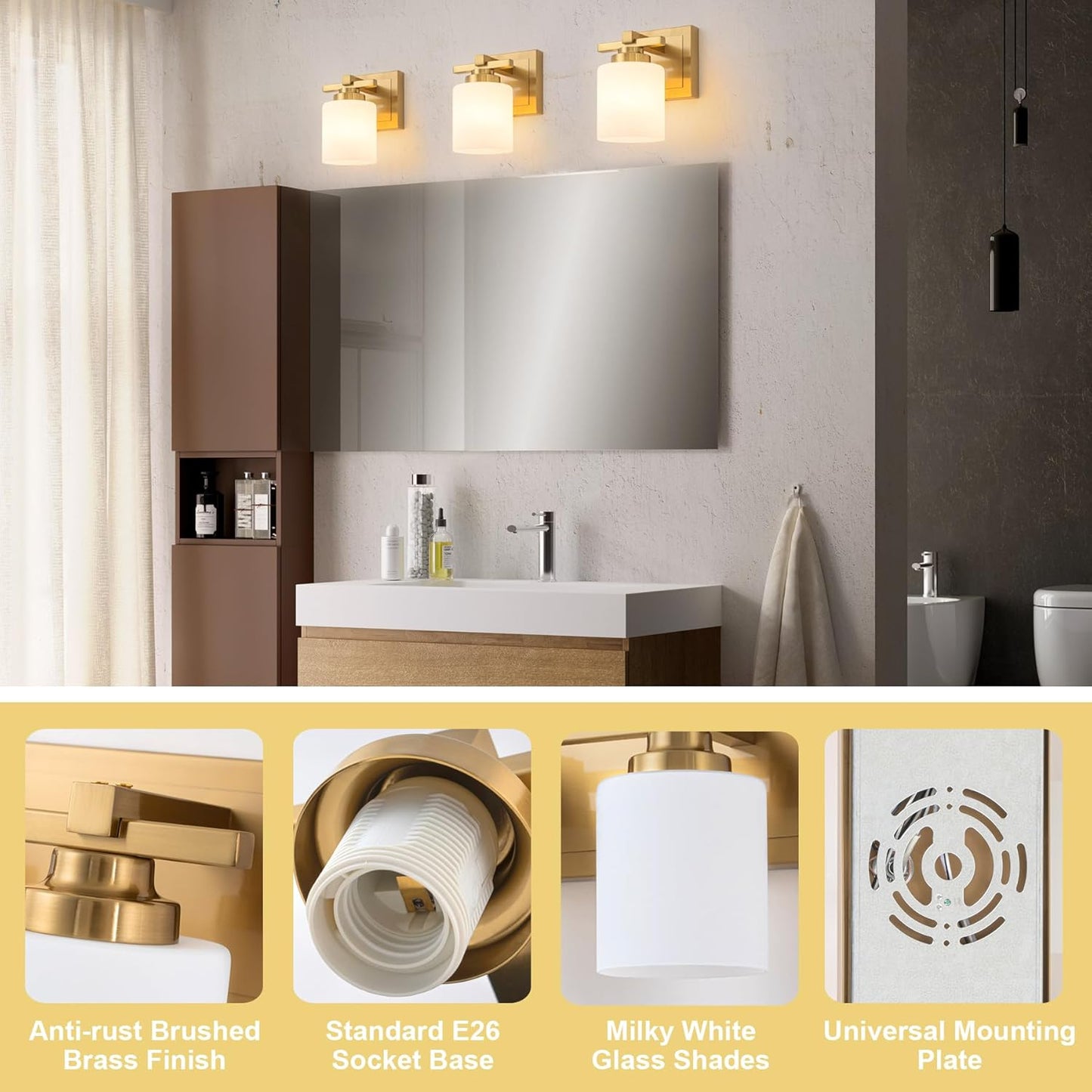 1 Light Modern Bathroom Light Fixtures Over Mirror, Brass Finish Vanity Lights for Bathroom Wall Sconces with Milky White Glass Shades, E26 Socket (Bulbs Not Included)