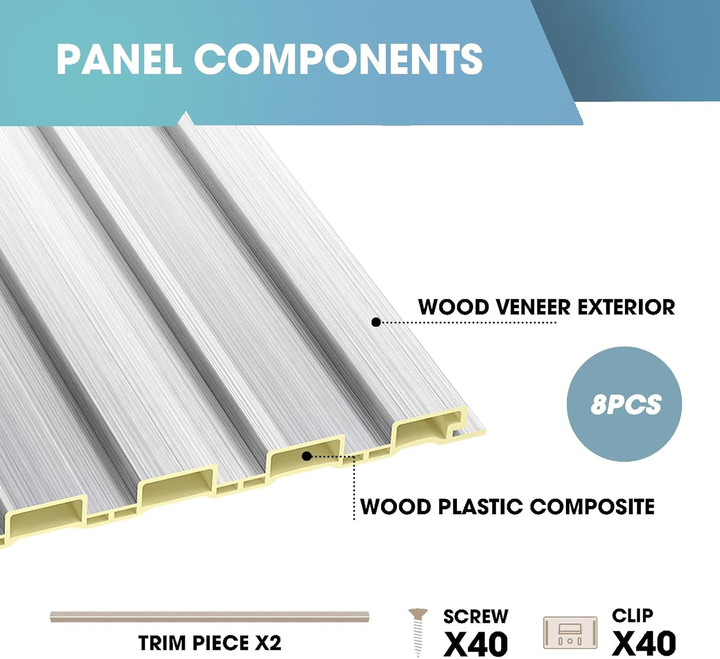 OUZUGIE WPC Acoustic Slat Wall Paneling, 8-Pack 114 x 6 Inches 3D Wall Panels for Interior Wall Decor,Living Room,TV Background,Study Room,Office Spaces,Bedroom,Low Grille (Metallic Silver)