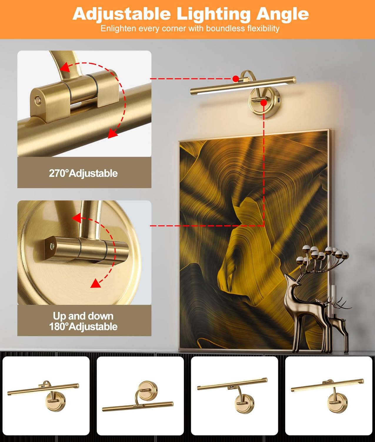 Picture Light for Wall,Battery Operated Art Lights for Painting,3 Color Selections and Brightness, Adjustable Wireless Portrait Lights with Remote for Artwork,Bookcase,Photo Frames(Brass, 15.7inch)