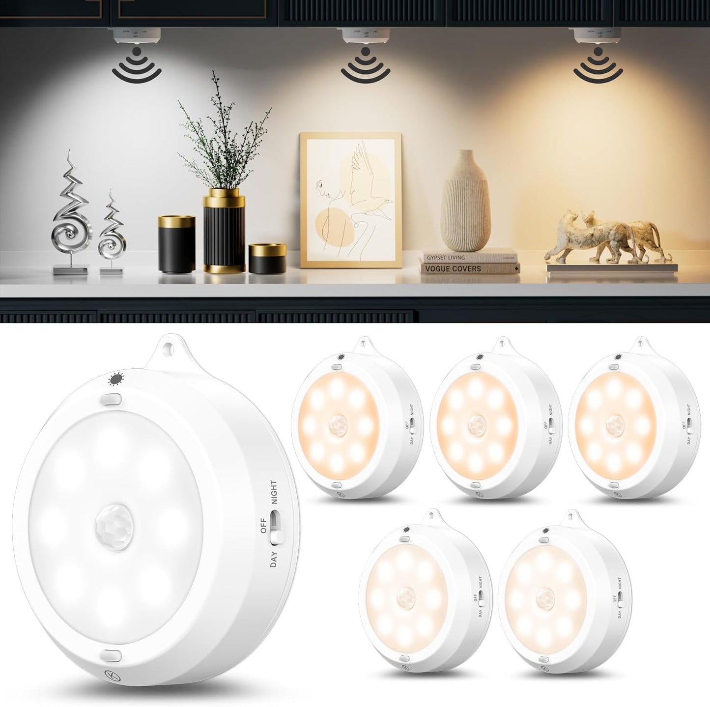 YiaMia Motion Sensor Under Cabinet Lights - 6 Pack, Indoor Smart Sensor Night Light, 3 × AA Battery Operated Wireless Stair Light, Dimmable Puck Lights Suitable for Kitchens, Wardrobes, Hallway