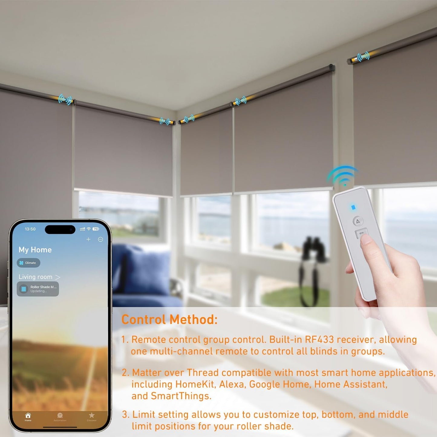 Smart Blinds Motor for 1.5"(38mm) Shade Tube Work with Homekit, Build with Matter Over Thread, Type-C Rechargeable Roller Shade Motor, Work with HomeKit, Home Assistant, Alexa, Motorized Blinds