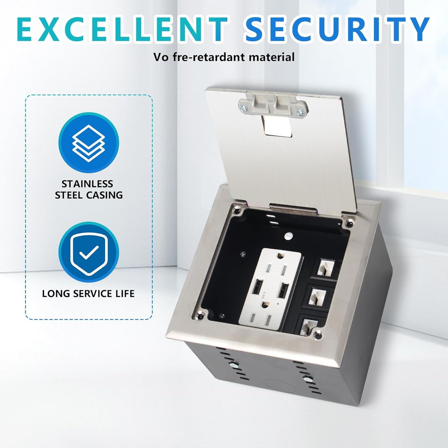 KYHSHJ Recessed Flat Hidden Socket Kit with 2 * 15A Receptacle，4.8A*2 USB-A Ports +3-Port RJ45 Datacom Receptacle. Internal Height Adjustable，Corrosive Resistant Hardware,Silver