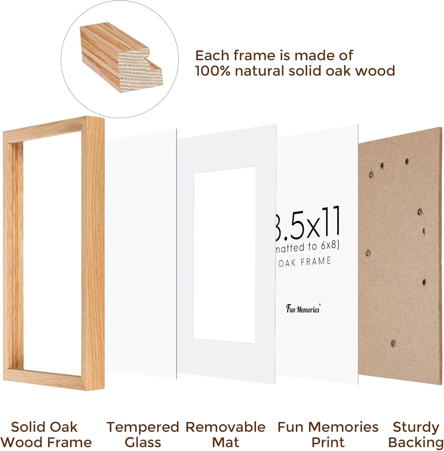 8.5x11 Picture Frame Set of 3, Solid Oak Wood & Tempered Glass, 8.5 x 11 Frame for Wall, Rustic Wood 8.5 by 11 Frames, 8.5x11 Frame with Mat for 6x8, Natural Oak Color