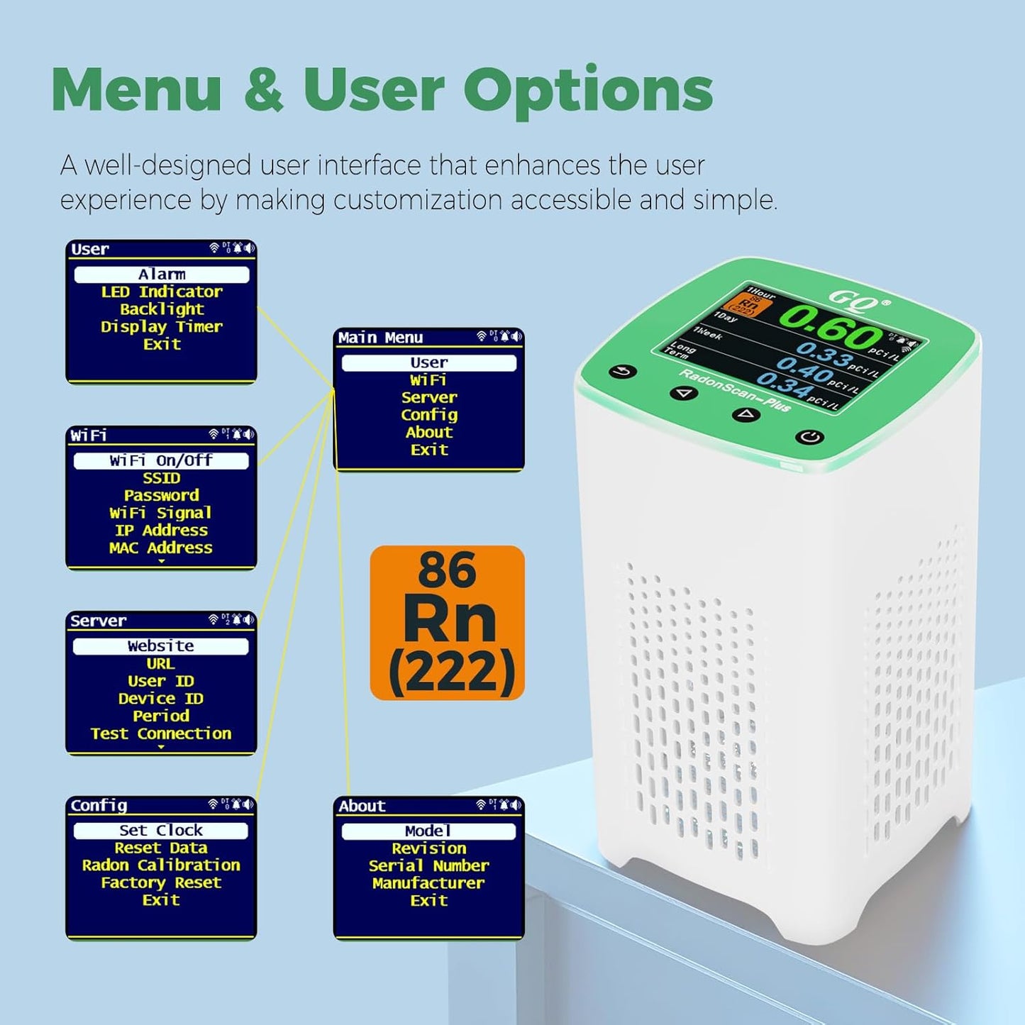 GQ RadonScan-Plus Radon Gas Digital Detector Worldwide Remote Monitoring Fast Accurate Detection Simple Color Display USA Design Real-time Data App Data Logging & Sharing