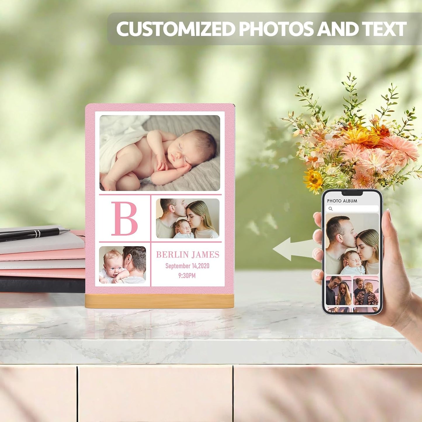 Custom Photo Prints - Metal Desktop Picture Frame with Baby's Photos & Name & Wooden Base Personalized Newborn Memorial Gifts for Family Friends and Lovers, Optional Multiple Sizes