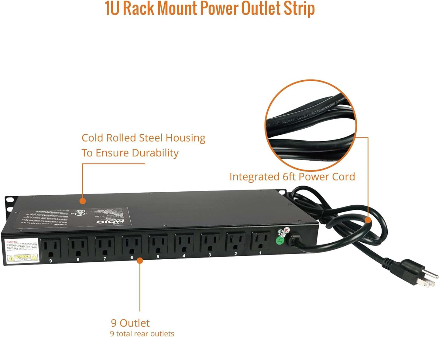 Tecmojo 9-Outlet Rack Mount Overloading Protection Circuit Breaker PDU Power Strip with Individual Switch 6ft Cord for IT and Network Racks and Cabinets