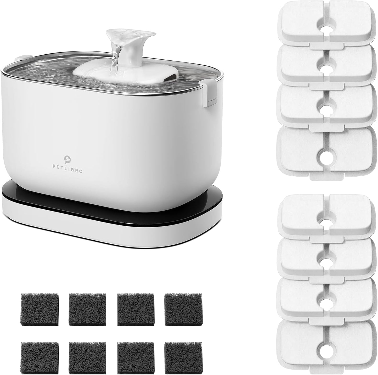 Cordless Pet Water Fountain Battery Operated + 8 Packs Replacement Filters for Dockstream Cat Water Fountain WF005 WF115 WF105, 4 Months Set of Replacement Filters
