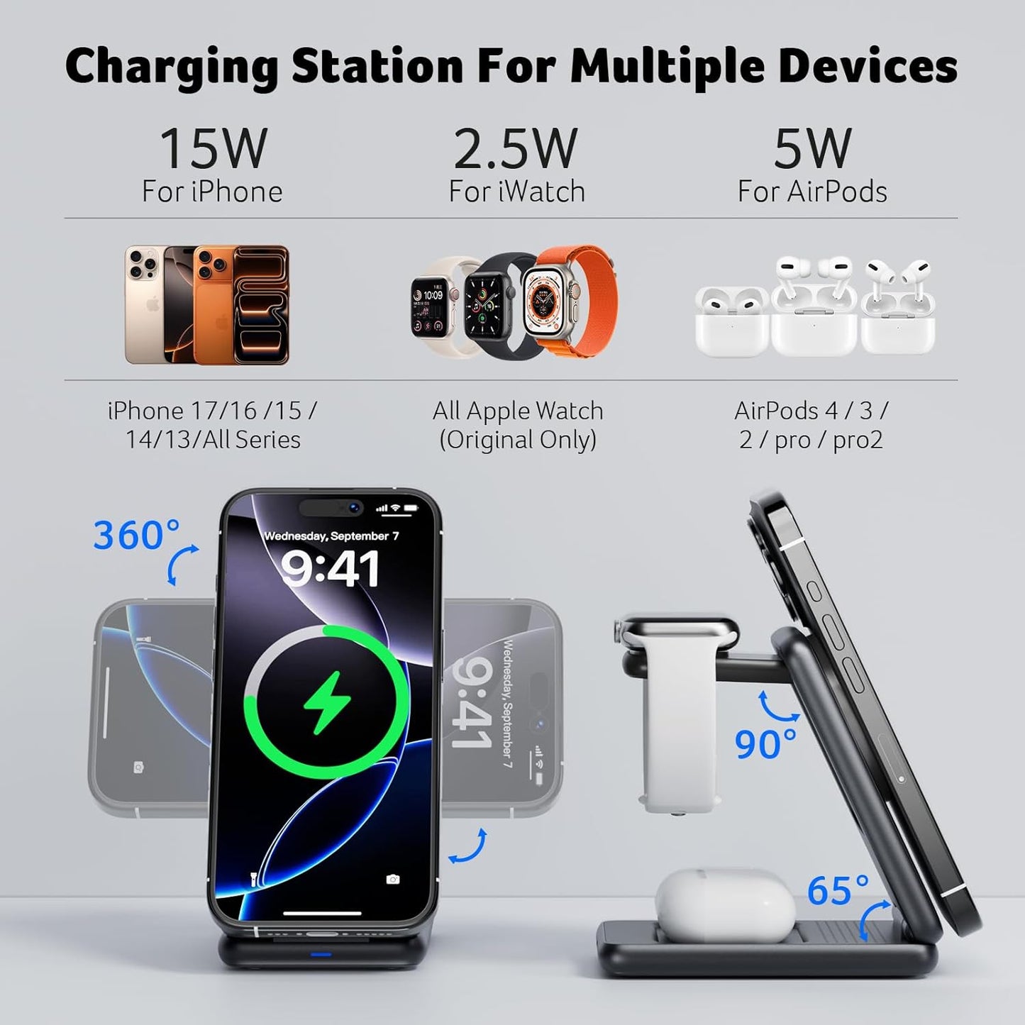 Acer 3 in 1 Charging Station for iPhone, Wireless Charger Stand,15W Fast MagSafe Charger for iPhone 17 16 15 14 13 12 Series-Apple Watch 10 9 8 7 6 5 4 3 2 SE and Ultra Series-Airpods 4 3 2 Pro Series