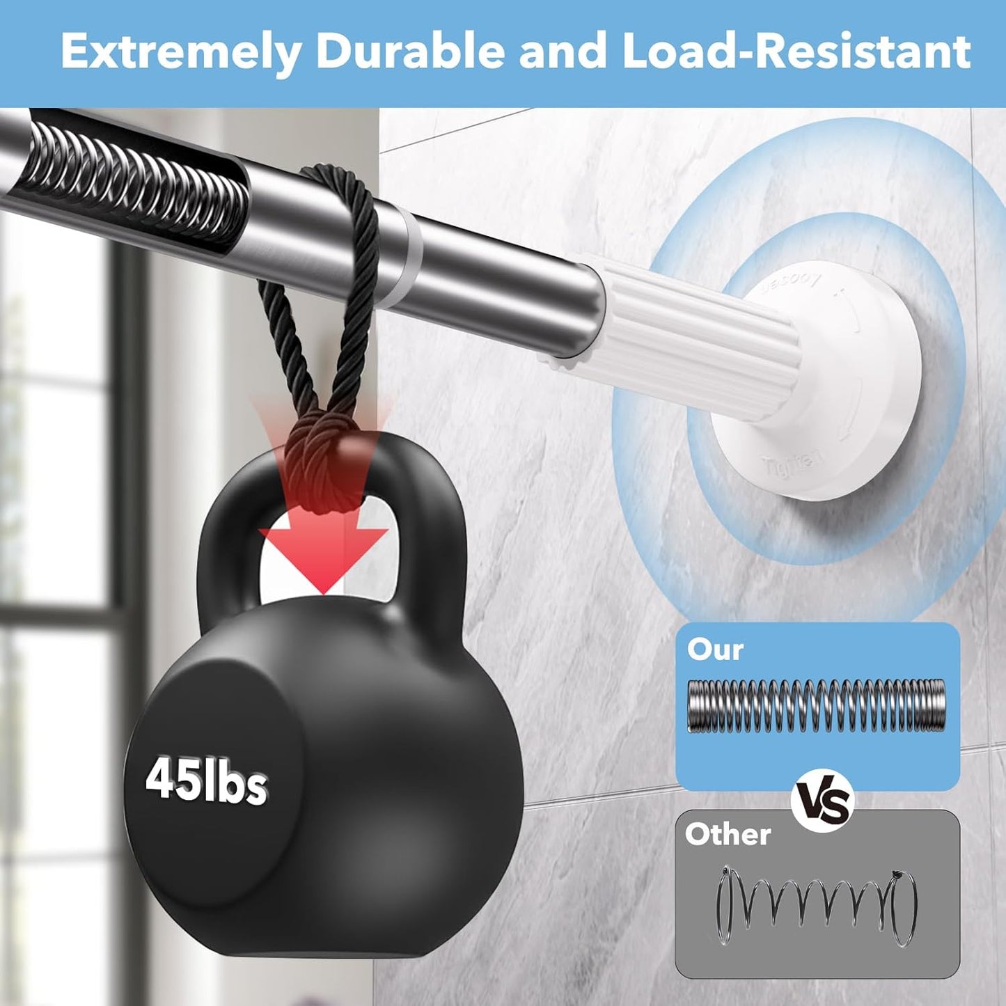 Tension Curtain Rod 51–148 In (4.25–12.33 ft),Extra Long Outdoor Curtain Rod for Window or Bathroom Patio,Easy to Install No Drilling Never Rust,Heavy Duty Adjustable Spring Shower Rod