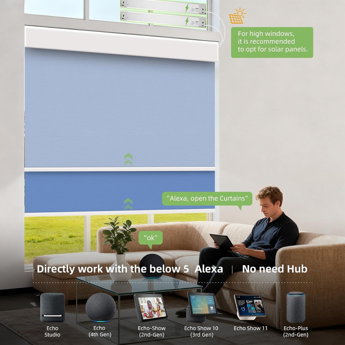 ZSTARR Motorized Day and Night Dual Smart Blind for Window with Valance Rechargeable Motor,Blackout Roller Shade Custom Size,with Valance Suitable for Home,Office (Full Blackout Dark Blue)