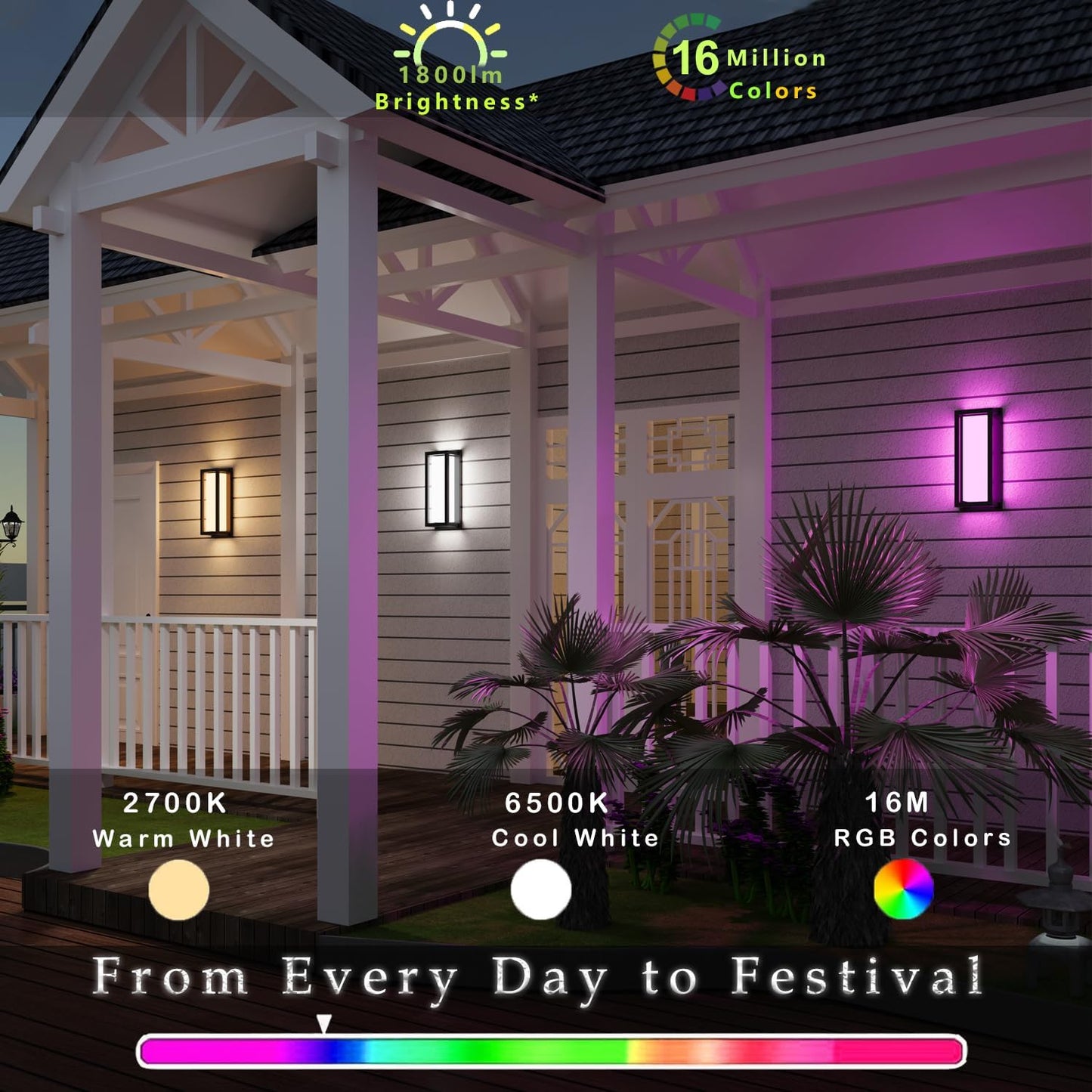 Color Changing Outdoor Wall Lights, Ambiance Exterior Wall Lights Up Down Lights Outdoor, Waterproof Square Porch Lights 2.4GHz WiFi APP Control Outdoor Light Fixture for Home Theater