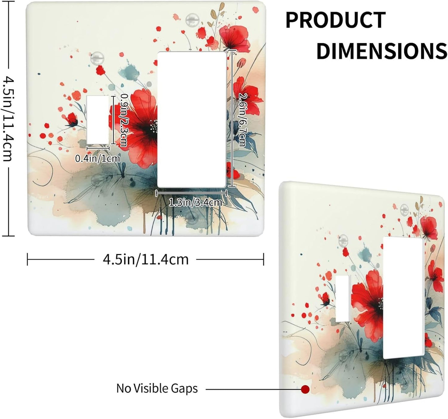 Vintage Floral Red Watercolor Modern Outlet Covers 1 Toggle 1 Rocker Combination Light Switch Cover Plate Decorative Wall Plate Electrical Switch Plates for Bedroom Bathroom Decor