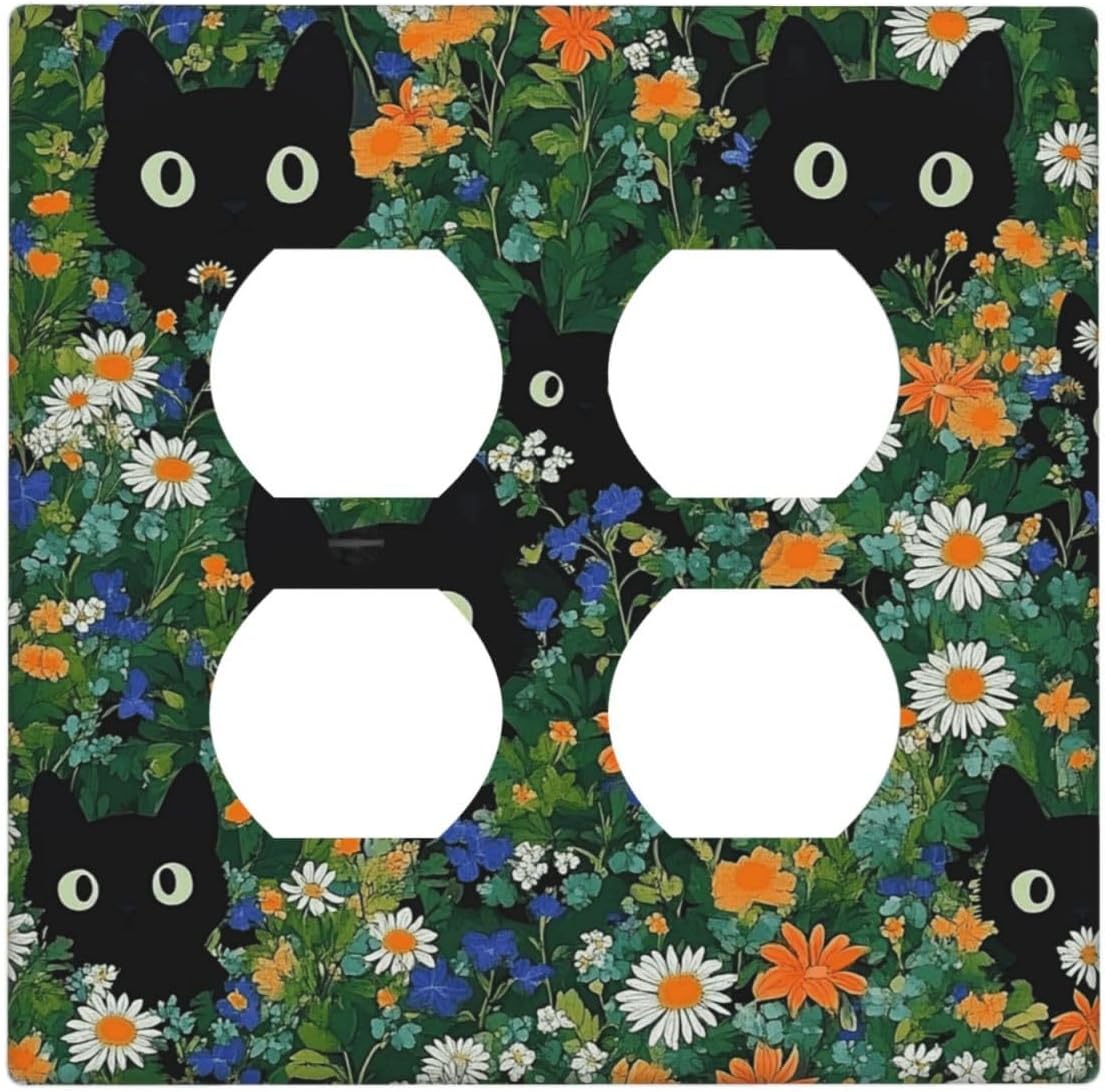 Boho Funny Black Cute Cats Daisy Wildflower Outlet Covers 2 Gang Double Duplex Decorative Light Switch Covers Electrical Wallplates Socket Faceplate For Kids Room Bed Room Decor