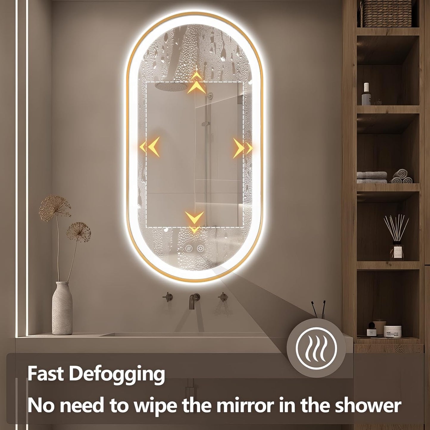 Niccy Oval LED Mirror for Bathroom, 48x24 Front Lit + Backlit Vanity Mirror with Light Anti-Fog, Shatter-Proof, 3 Colors, Makeup Mirrors with Gold Frame (Horizontal/Vertical)