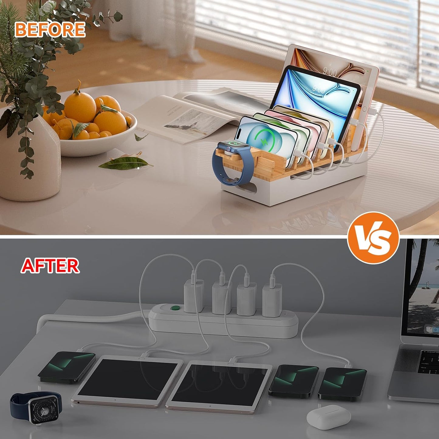 Pezin & Hulin Bamboo Charging Station with Watch Stand, Docking Holder for Multi Device with USB Charger HUB, 5 Charge Cables, Desktop Electronic Organizer for Phone, Tablet, Watch-Natural + White