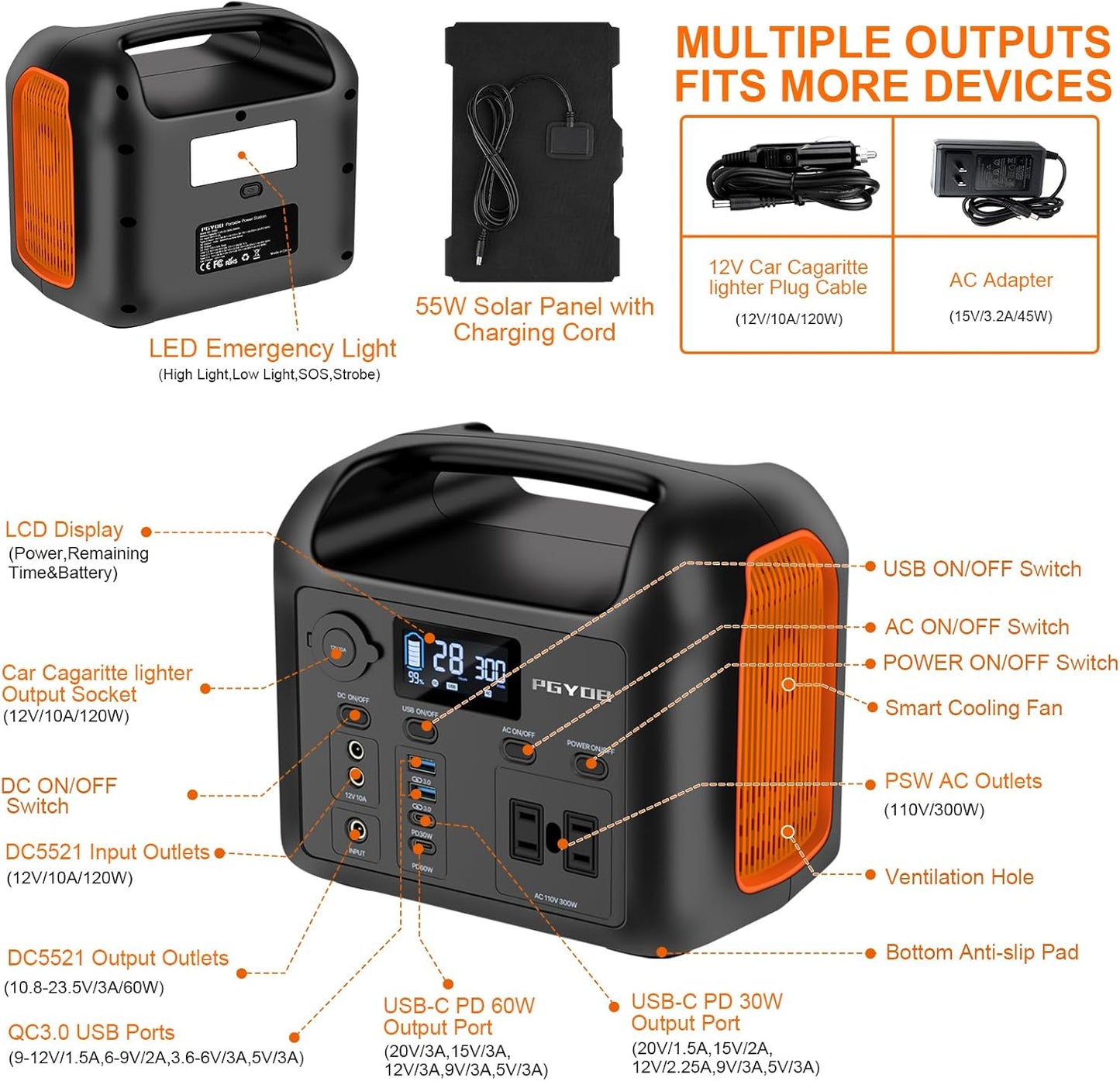 Portable Power Station with 55W Solar Panel, 299Wh LiFePO4 Backup Battery 300W Pure Sine Wave AC (600W Peak) Car Outlets PD 60W QC3.0 Solar Generator Power Bank for Camping, Emergency, CPAP