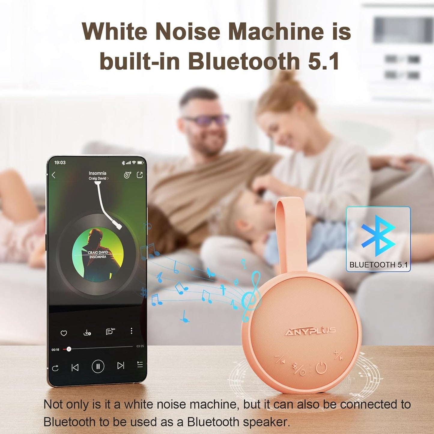 White Noise Sound Machine, Portable Sound Machine for Sleeping Adults & Baby, with Bluetooth 5.1/24 Soothing Sounds/Battery Powered/3 Timer Memory Function for Office/Bedroom/Travel (Orange