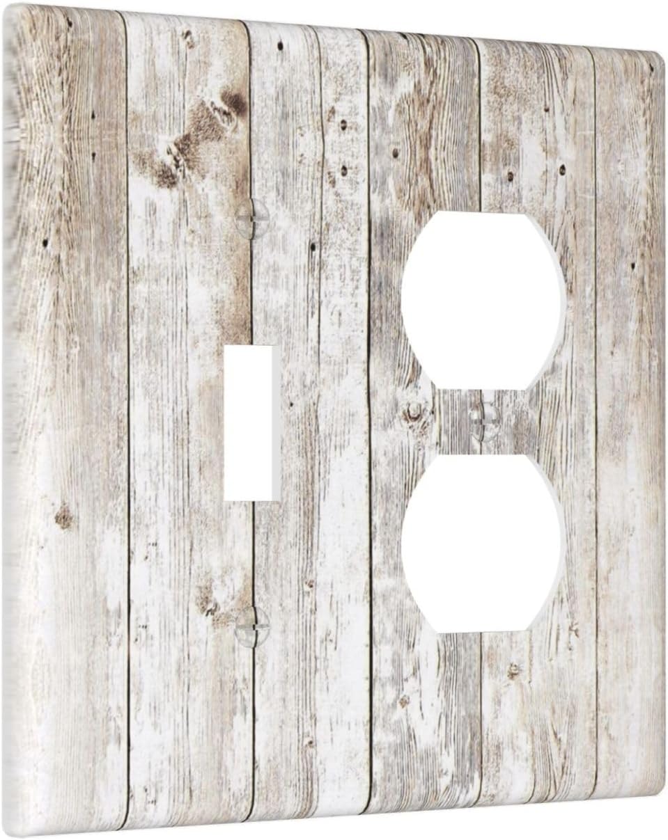 Vintage Light Wood Retro Rustic White Gray Oak Print Wallplates 1 Toggle 1 Duplex Switch Plate Electrical GFCI Faceplate Decorative Light Switch Covers for Farmhouse Home Decor