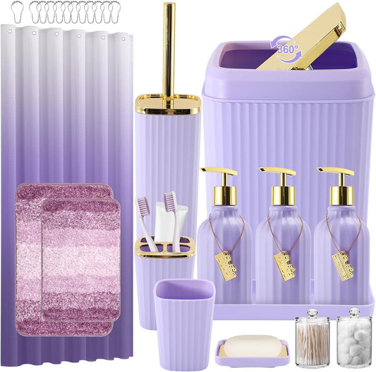 32PCS Bathroom Set Bathroom Sets with Shower Curtain and Rugs Purple Bathroom Accessories,Shower Curtain Set,Bathroom Rug Set with Bathroom Trash Can