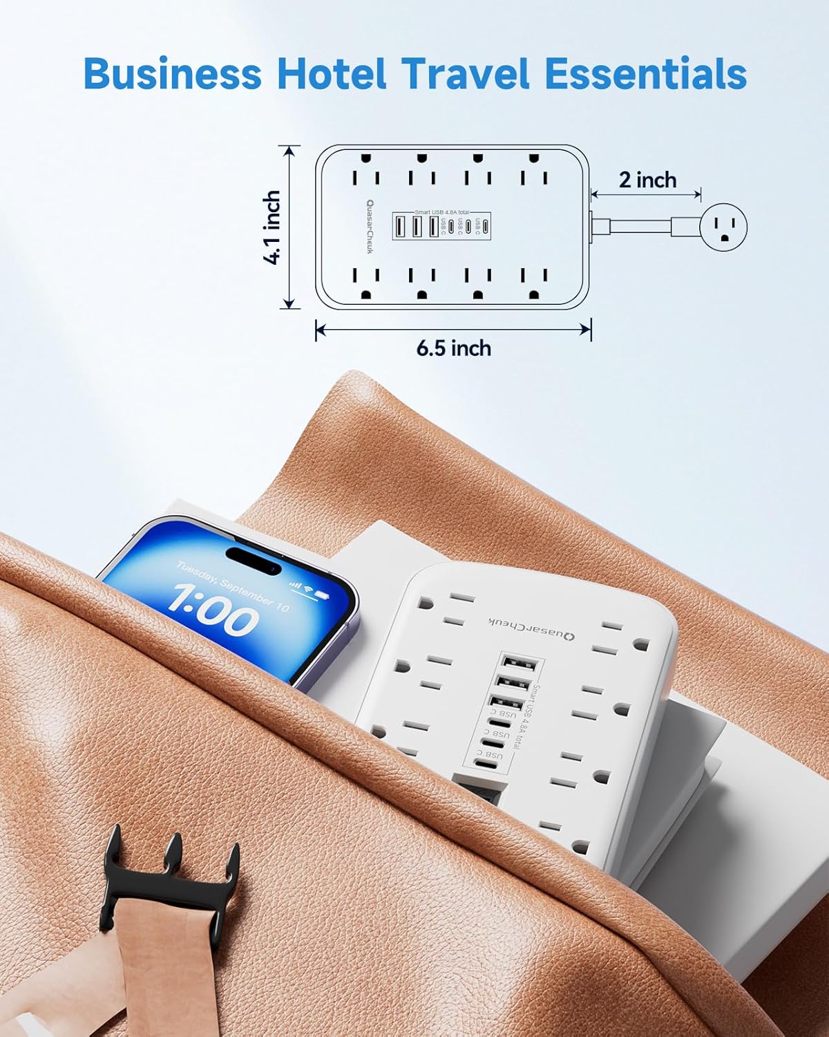 Short Extension Cord 2 inch - Small Power Strip Flat Outlet Extender Surge Protector with 8 AC Outlets 6 USB (5V/4.8A 24W), Mini Extension Cord Flat Wall Plug for Home Office Dorm Kitchen Bathroom