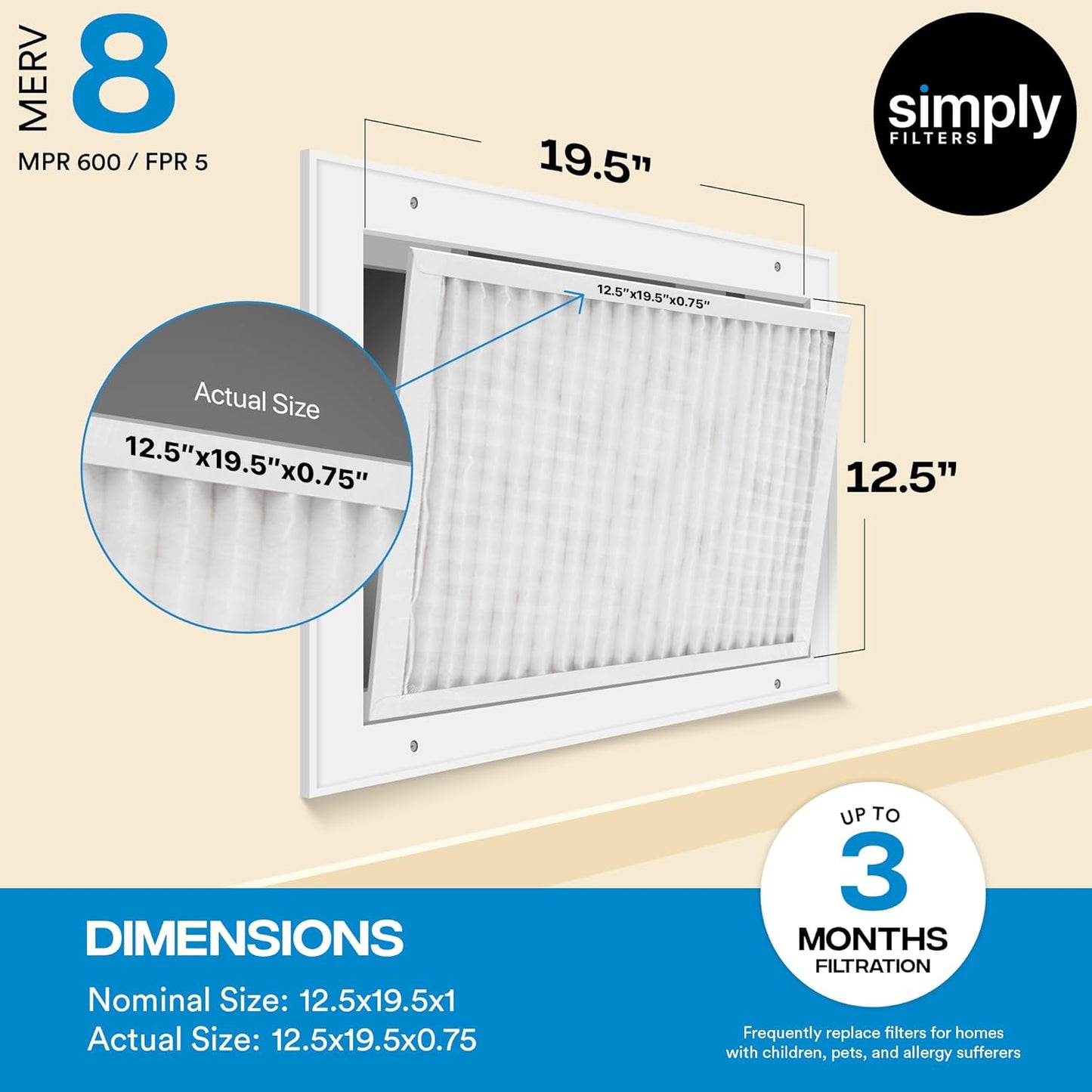 Simply 12x20x1 Air Filter, MERV 8, 6 Pack, For Home AC Furnace & HVAC (Actual Size: 11.75"x19.75"x0.75") DUST, Pet, & Allergy Control