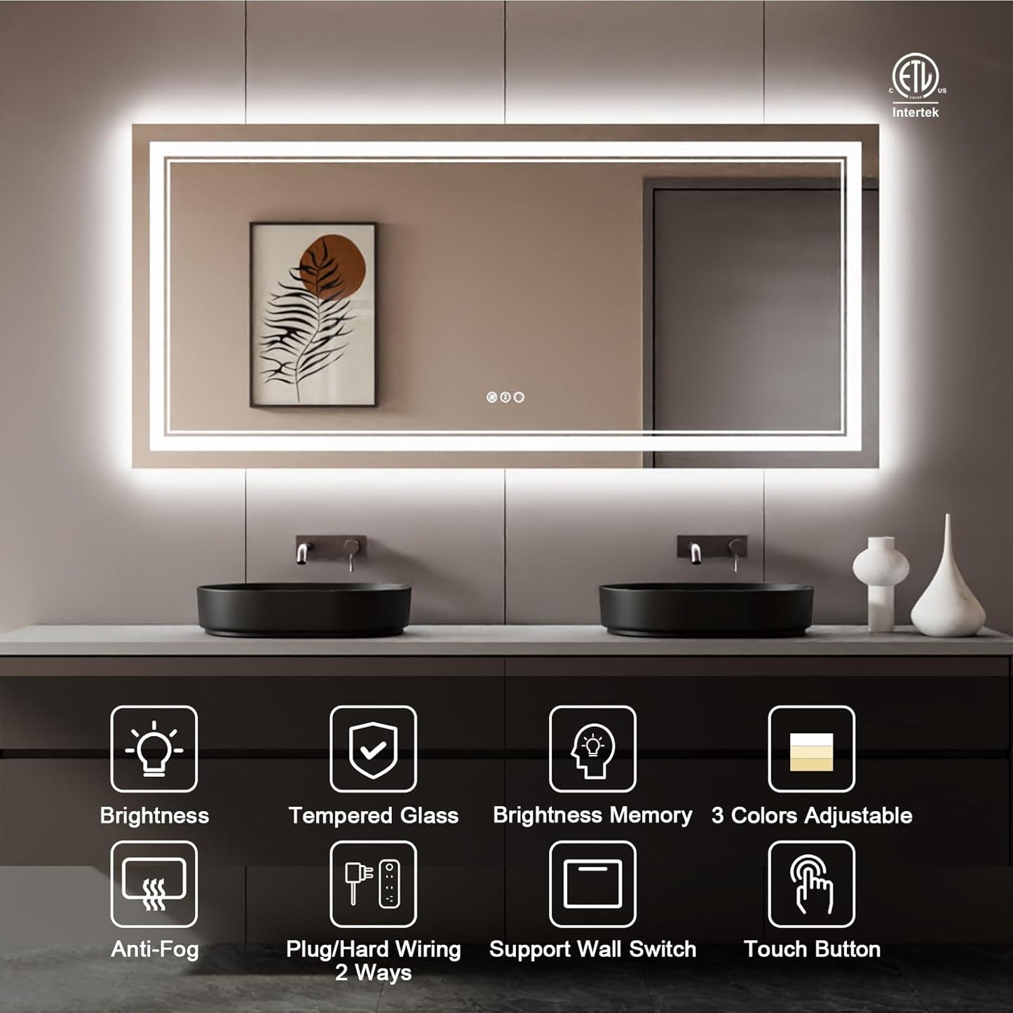 77x36 Inch LED Bathroom Mirror with Lights, Backlit and Front Lighted Bathroom Mirrors for Wall, Anti-Fog Dimmable Memory Shatterproof LED Vanity Mirror for Bathroom