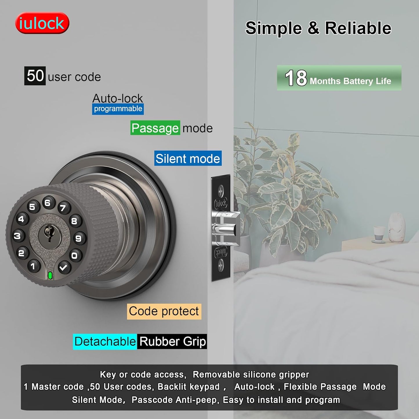 Smart Door Knob with Keypad and Key,Keyless Entry Door Lock with Rubber Grip, Auto Lock,50 User Code,Waterproof, Easy to Install and Program for Bedroom Garage Office Gate (Satin Nickel)