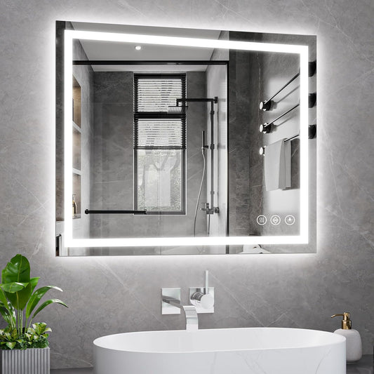 Koonmi 30x36 LED Bathroom Mirror, Backlit + Front Lit, LED Bathroom Mirror with Lights for Wall, 3 Colors, Anti-Fog, Dimmable Brightness, Memory Function, Tempered Glass