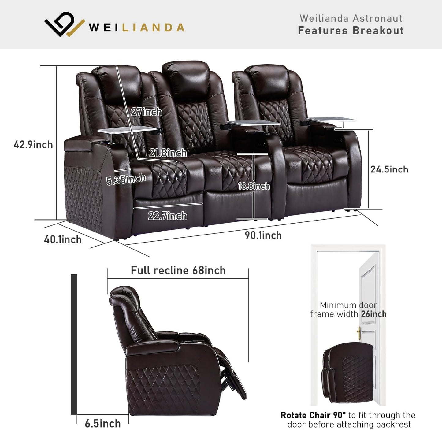 Weilianda Home Theater Seating Top Grain Leather Zero Gravity Recliner Chair Power Headrest Recline Movie Seat Gaming 7 Colors Mood Light Sofa with Tray Table USB Charge Row of 3 Loveseat Left Brown