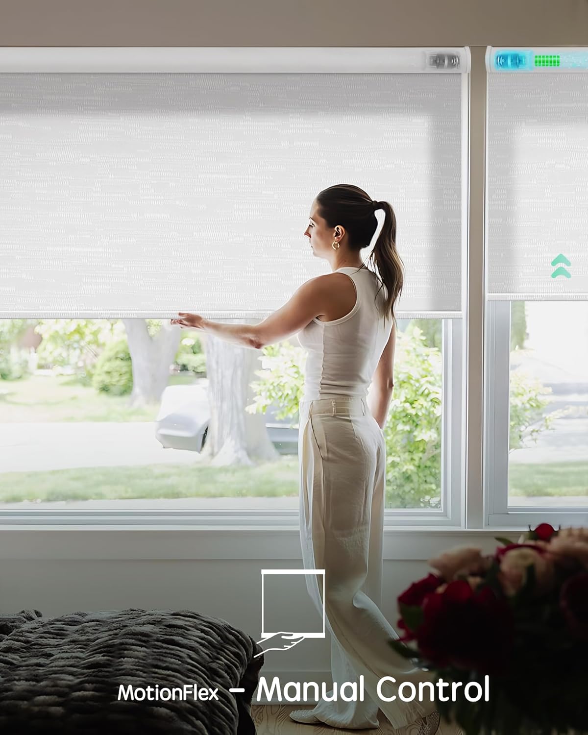 Yoolax Motorized Shades Dual Control, MotionFlex Motorized Roller Shades with App & Manual Control, Pull Down Automatic Shades for Indoor Windows, Custom Size(Light Filtering Jacquard White)