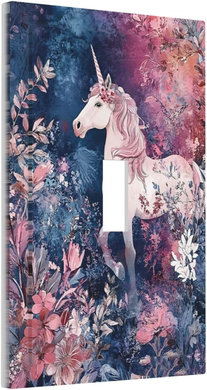 Decorative Light Switch Cover Plate Fantastic Pink Unicorn Wildflower Forest 1 Gang Single Toggle Wall Plate Electrical Outlet Covers Decorate Switch Plate Cover for Bedroom Kids room Decor