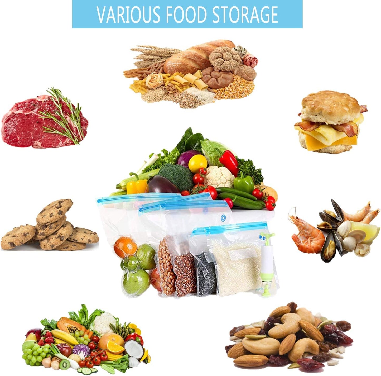 Sous Vide Bags 60pcs Reusable Vacuum Sealer Bags with 4 Sealing Clips, Reusable Vacuum bags for Food Storage and Sous Vide Cooking (8.2x8.7 Inch)