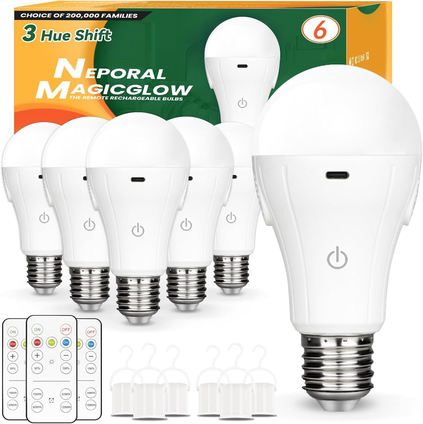 Neporal MagicGlow Rechargeable Light Bulbs with Remote, 3 Colors Shift + Stepless Dimmable Battery Light Bulbs, USB Rechargeable, A19, Up to 24 Hours