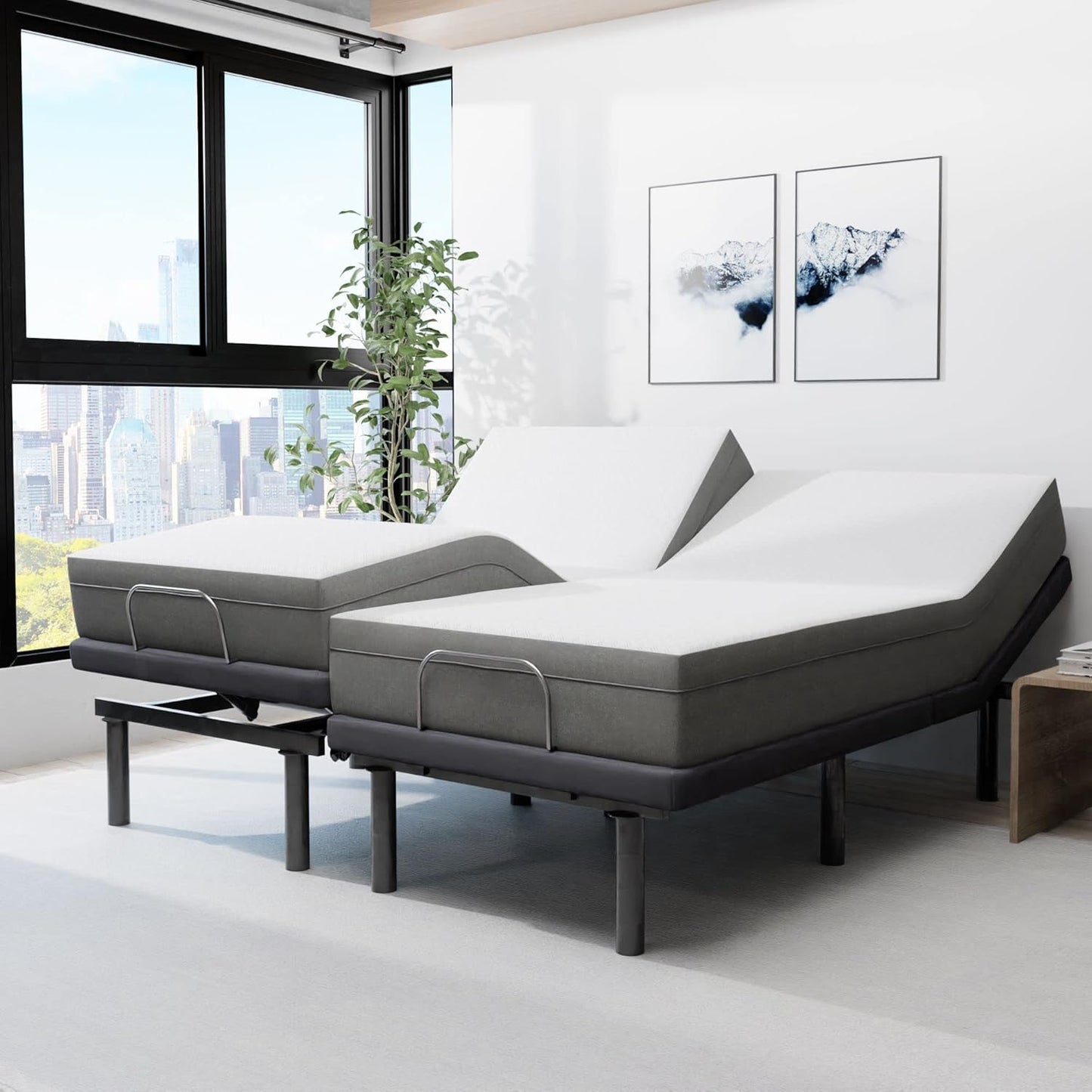 Blissful Nights e4 Cal King Split Adjustable Bed Base Frame with 10" Medium Firm Gel Infused Memory Foam Mattress