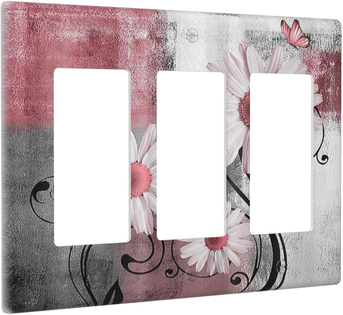 Light Switch Covers Pink Floral Rustic Daisy Flower And Butterfly 3 Gang Rocker Electrical GFCI Decorative Triple Outlet Wall Plate Cover Switchplate for Farmhouse Cabin Decor
