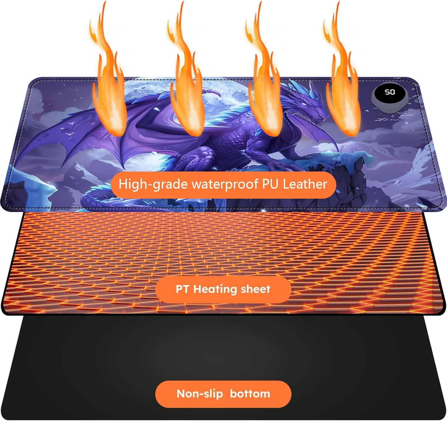 Heated Mouse Pad with 3 Levels Heated & 3 Hours Auto Shut-Off Mouse Pad for Warming Hands in Office Home, 23.6" x 14.2"Large Safe Desk Mat Hand Warmer，Angry Flying Dragon
