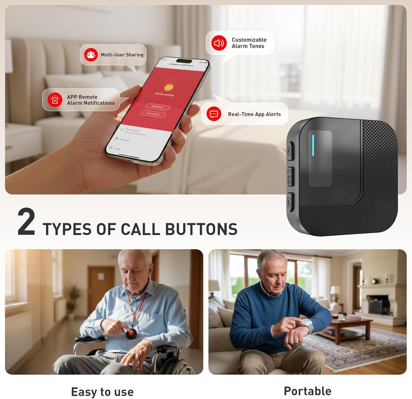 SanJie Wi-Fi Wireless Caregiver Pager Call Button for Elderly at Home - Alert Systems with App Remote Alerts & Device Sharing Suitable for Seniors & Patients and People with Disabilities