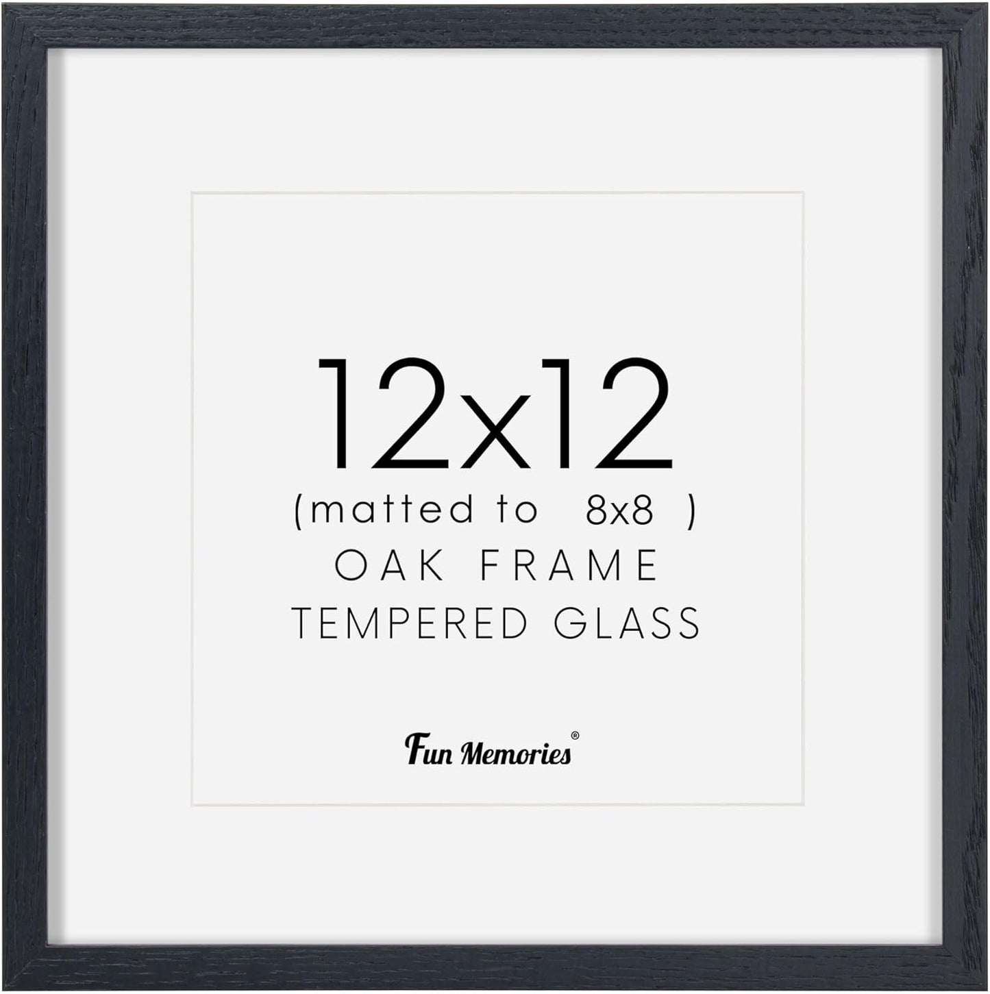 Black Picture Frame 12x12, Oak Wood Frame With Tempered Real Glass, Matted to 8x8, Square Photo Frame for Wall, 1 Pack