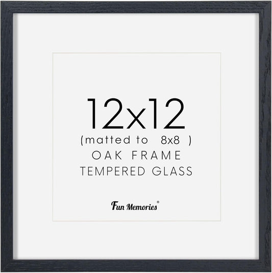 Black Picture Frame 12x12, Oak Wood Frame With Tempered Real Glass, Matted to 8x8, Square Photo Frame for Wall, 1 Pack