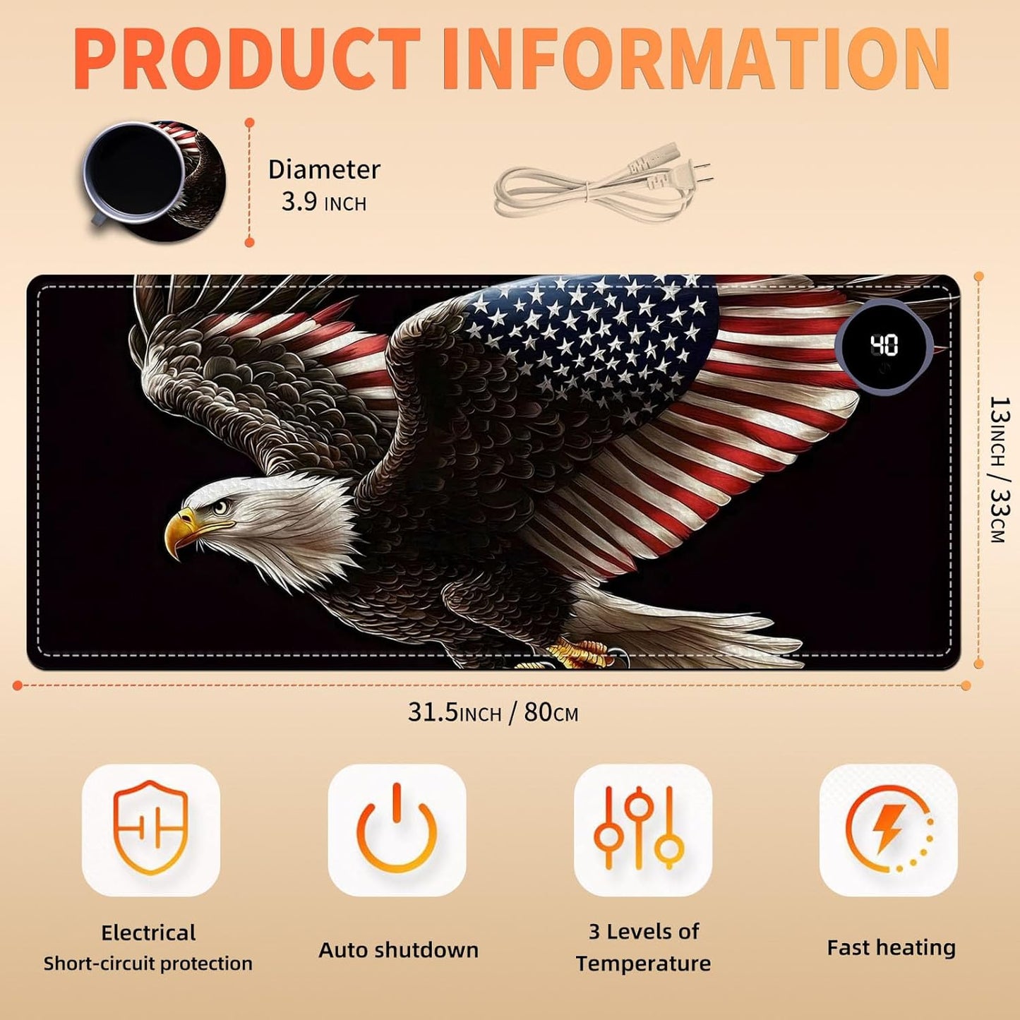 Heated Mouse Pad, Warm Desk Pad, Keyboard Mat 31.5 x 13 Inch Large Size Intelligent Fast Heating, 3 Speed Adjustable, Timed Auto Power Off for Game Office Home,Soaring American Flag Eagle