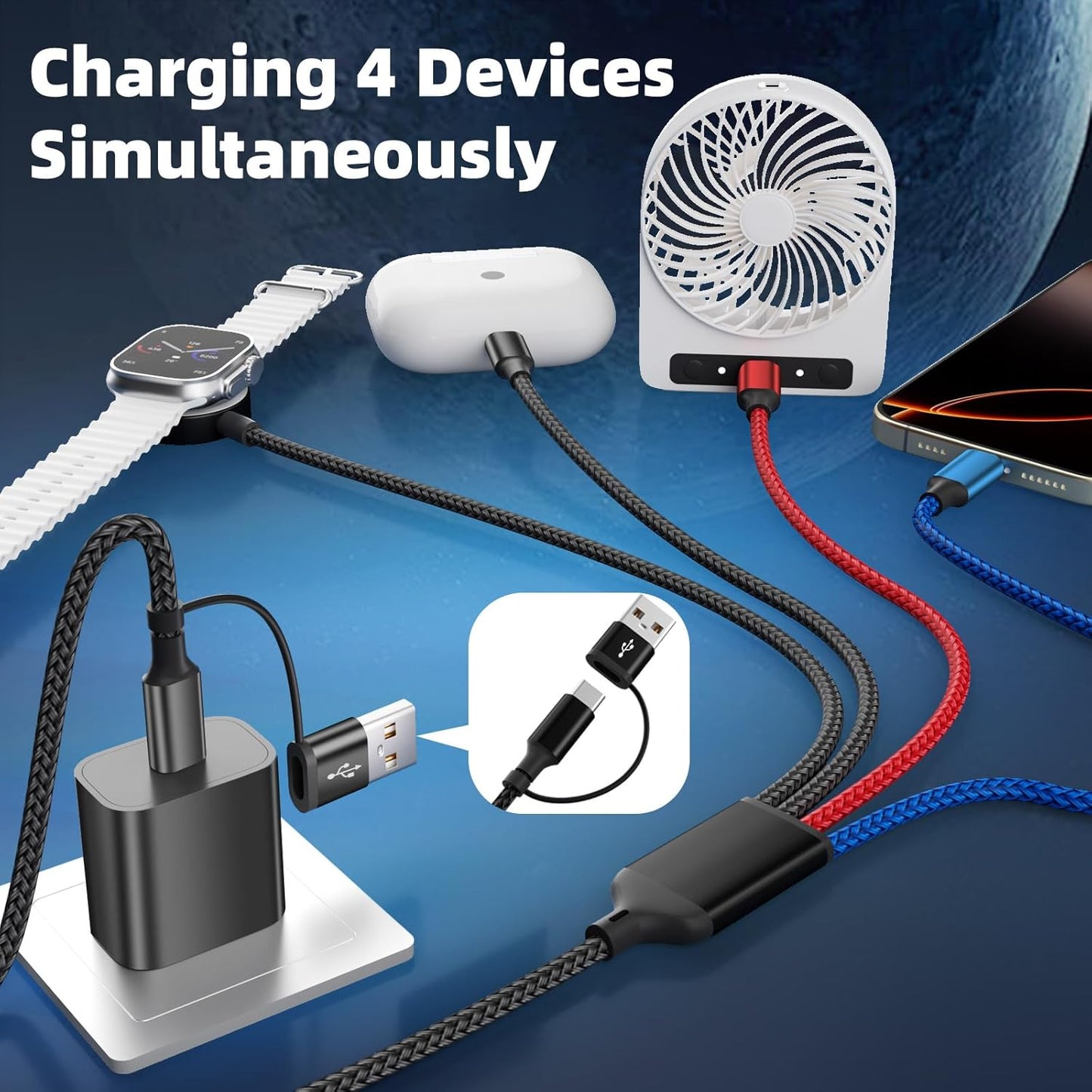 Dual Type-C Port 4 in 2 USB C Cable for Apple iWatch Charger/iPhone 17, Travel Charger Multi Charging Cable Cord for iWatch Ultra/SE/10-1, iPhone16-8, iPad, Android, Car, Cruise Essentials - 1Pc 5FT