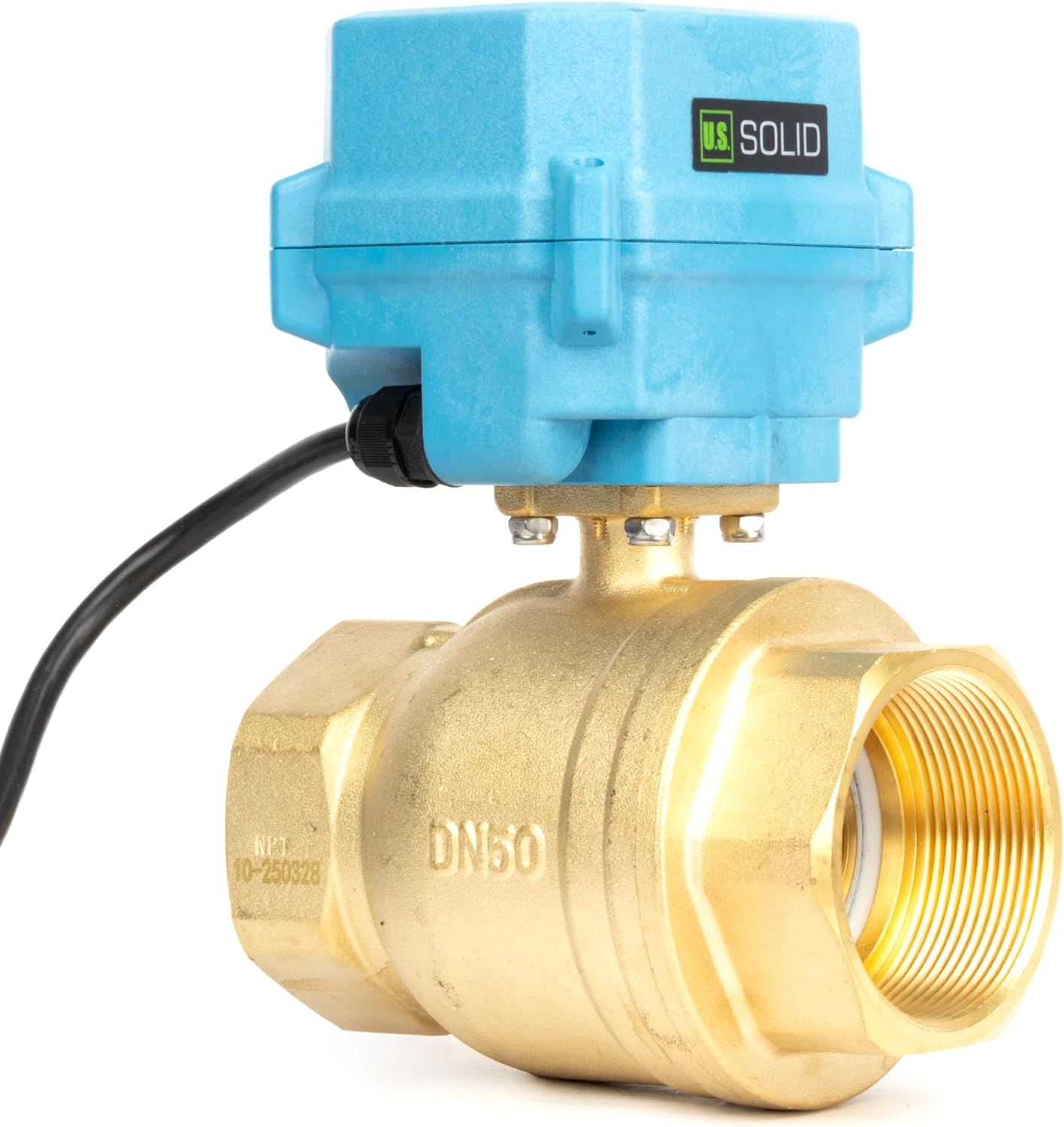 U.S. Solid 2" Motorized Ball Valve with US Plug 110VAC Brass Electrical Ball Valve, IP67, Manual Override, Direction Display Auto Return, Normally Closed, IP67