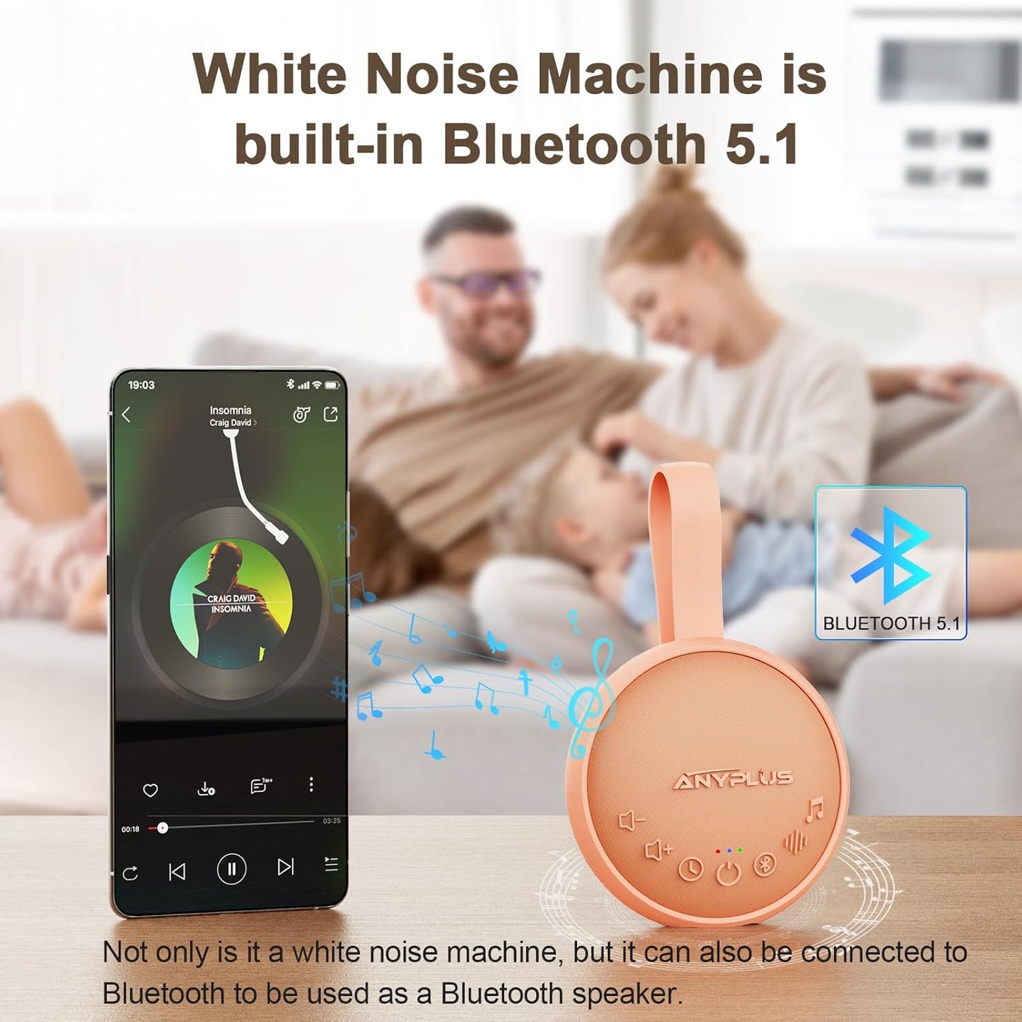 White Noise Sound Machine for Sleeping Adults & Baby, Portable Noise Machine with 24 Soothing Sounds, Bluetooth 5.1, Battery Powered, 3 Timer Settings, Memory Function for Home, Office, Travel(Orange)
