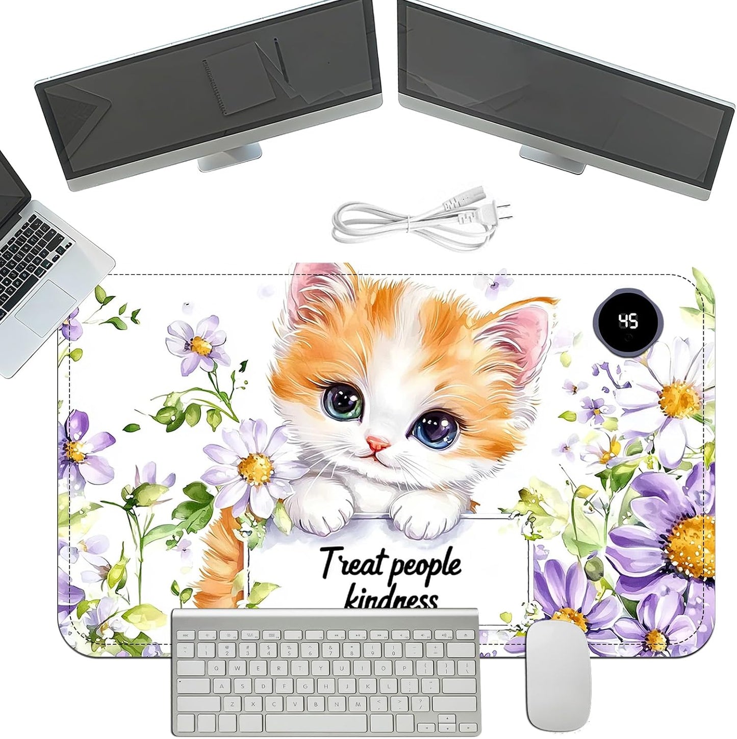 Heated Mouse Pad with 3 Temperature Settings(104°F–122°F),Large 24x14.2 Inch PU Leather Heated Desk Mat,Waterproof Warming Pad for Office,Gaming & Cold Hands Relief,Cute Cat Flower