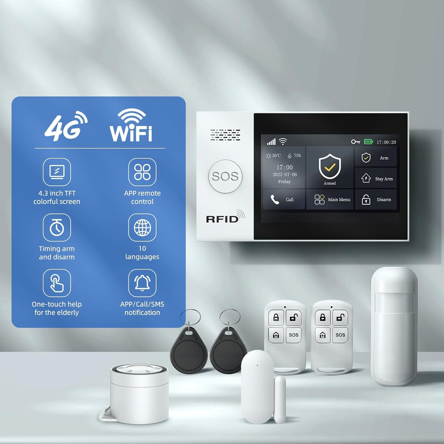 LWOHSI Alarm System for Home Security,Wireless 4.3" Fulltouch Screen Home Alarm Kits with Tuya APP Remote Alert,Door Sensors,Moiton Detector,Compatible with Alexa/Google Assistant for Villa,Apartment