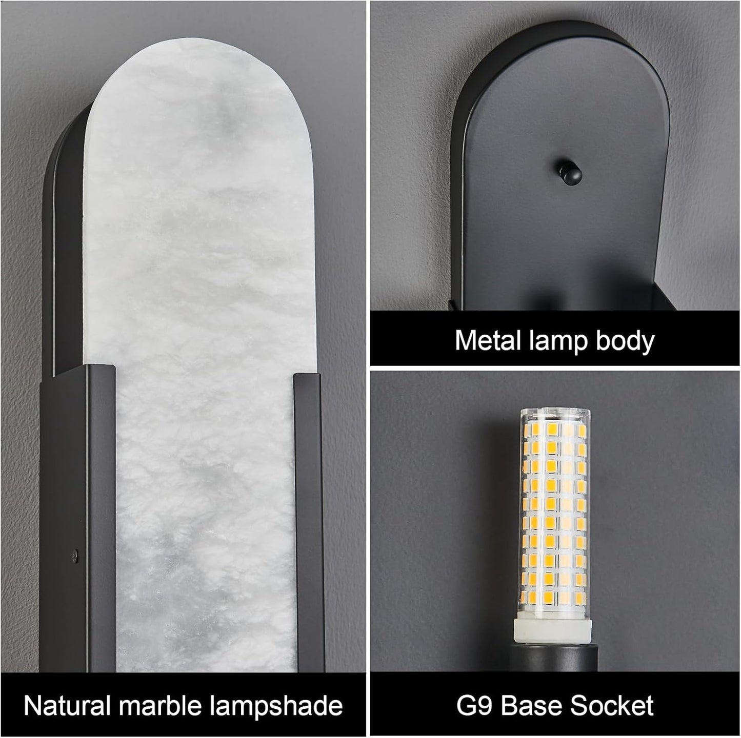 Alabaster Wall Sconce, Modern Natural Marble Wall Sconces for Indoor Lighting, 19.7 in Black Wall Lights for Bathroom Dining Room Stairs Bedroom (1-Pack)