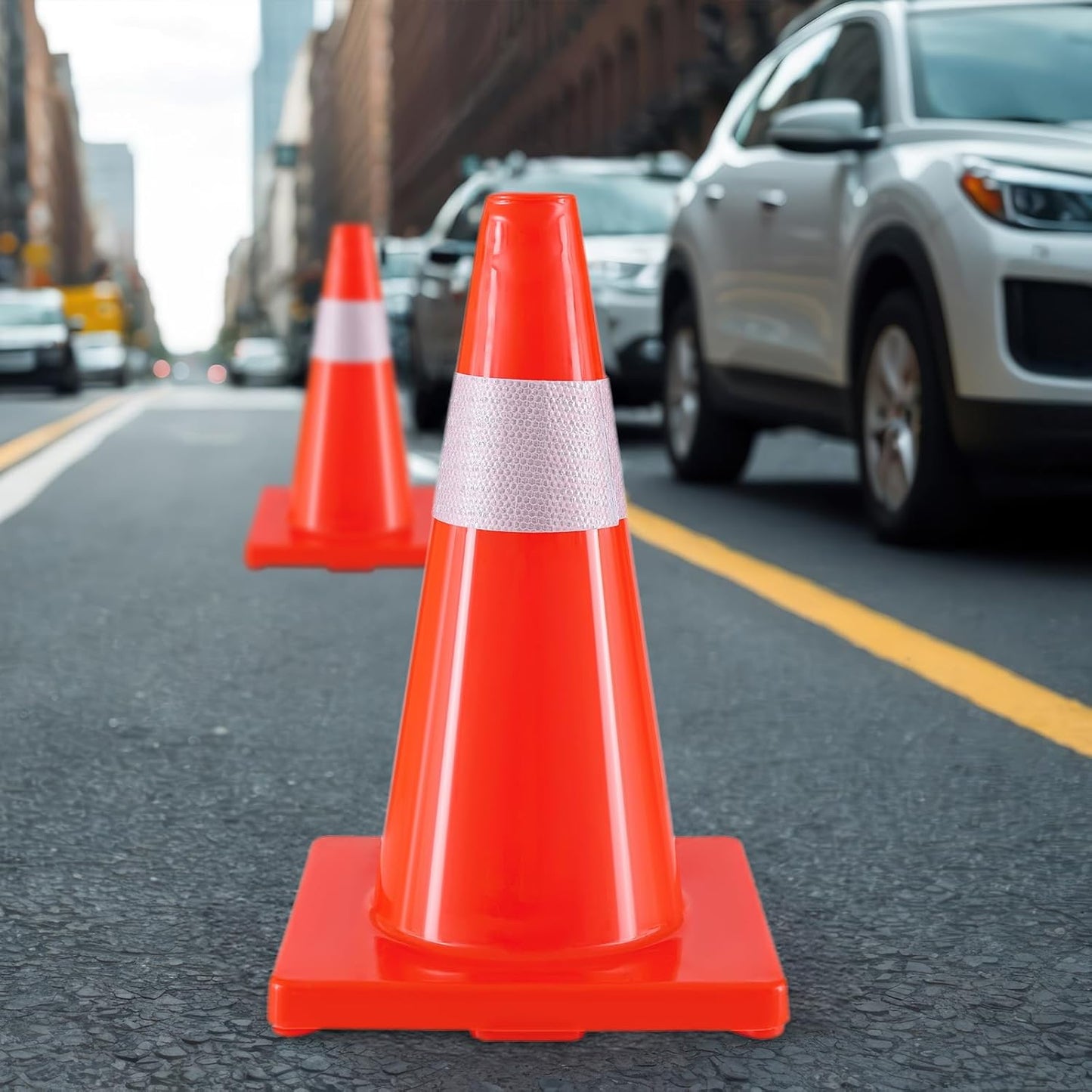 Traffic Safety Cones 18 Inch 6 Pack - Orange Road Parking Cones with Reflective Collars, Heavy Duty PVC Construction Cone Structurally Stable for Road Parking, Traffic Control, Driveway