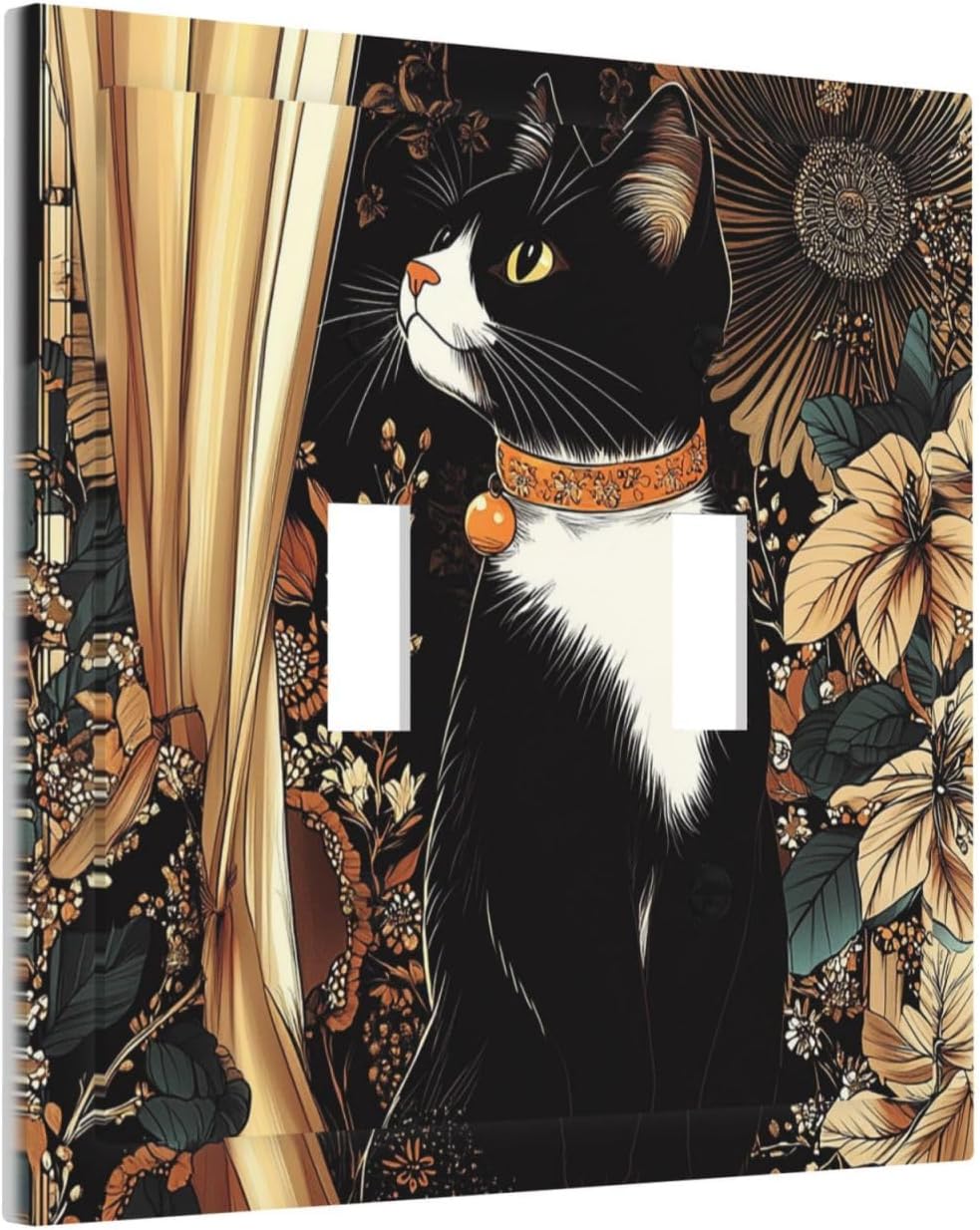 Decorative Switch Plates Boho Mandala Floral Black Cat Vintage Flower 2 Gang Double Toggle Outlet Light Switch Cover Wall Plate Electrical Faceplate For Farmhouse Home Decor
