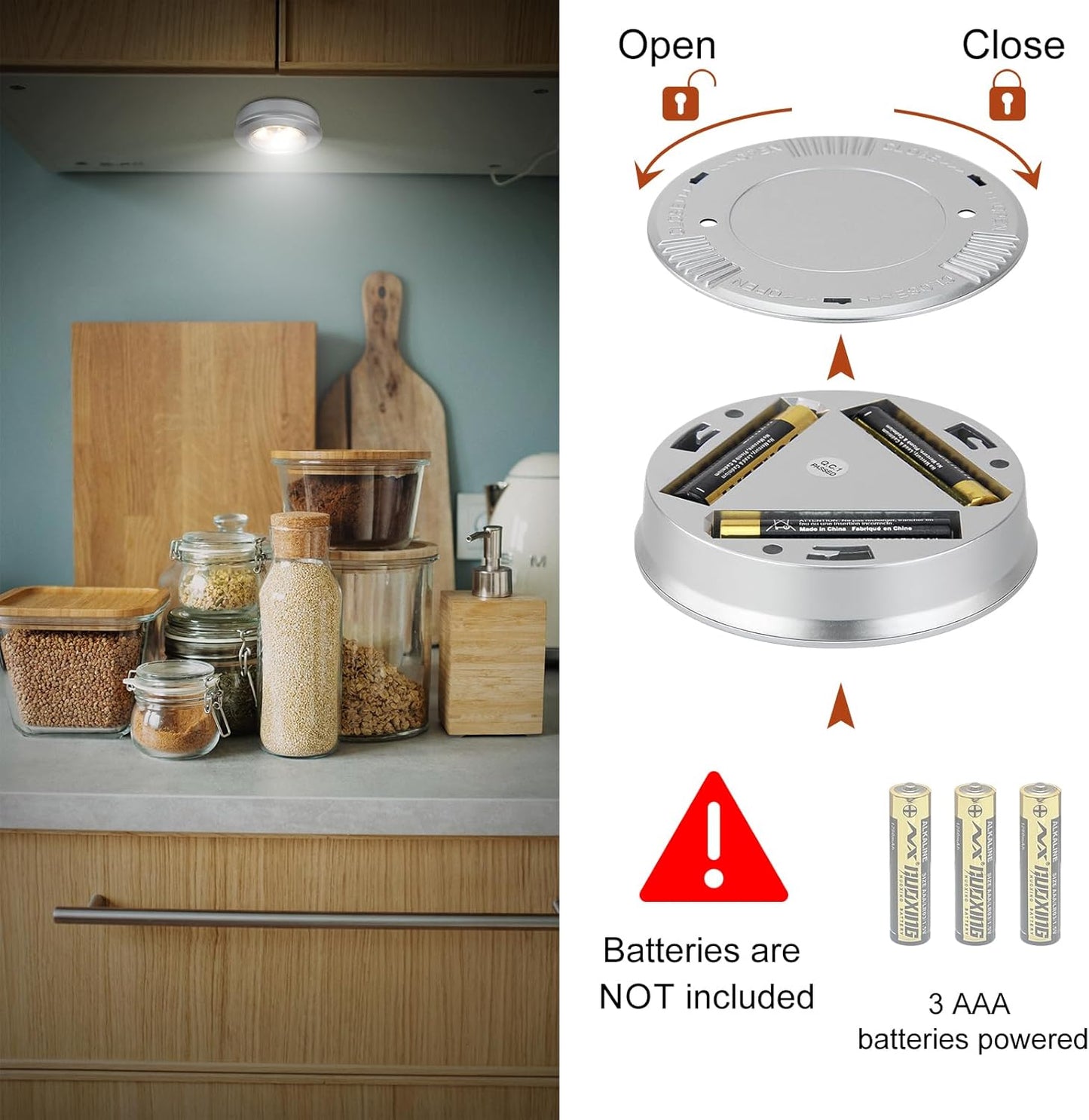 LUXSWAY Puck Light, LED Tap Light Push Lights, Battery Operated Stick On Night Light, Portable Under Cabinet Lights and Counter Lighting for Kitchen Sink, Shelf, 3-Pack, Silver