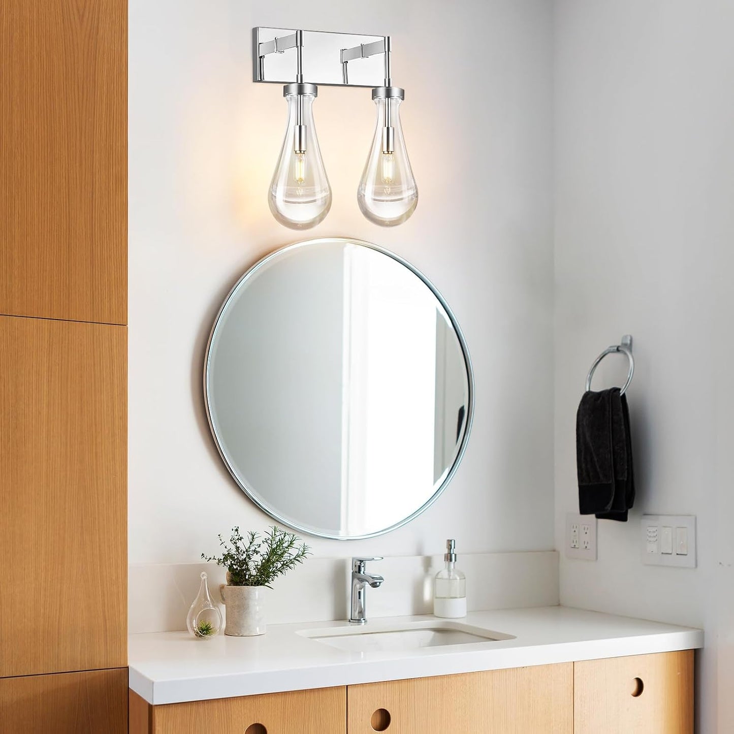 Raindrop Wall Sconces Chrome Crystal Sconces Wall Decor Modern Lighting Glass Bathroom Sconces Indoor Vanity Light Wall Lamp for Bedroom Living Room Stair(2-Light)